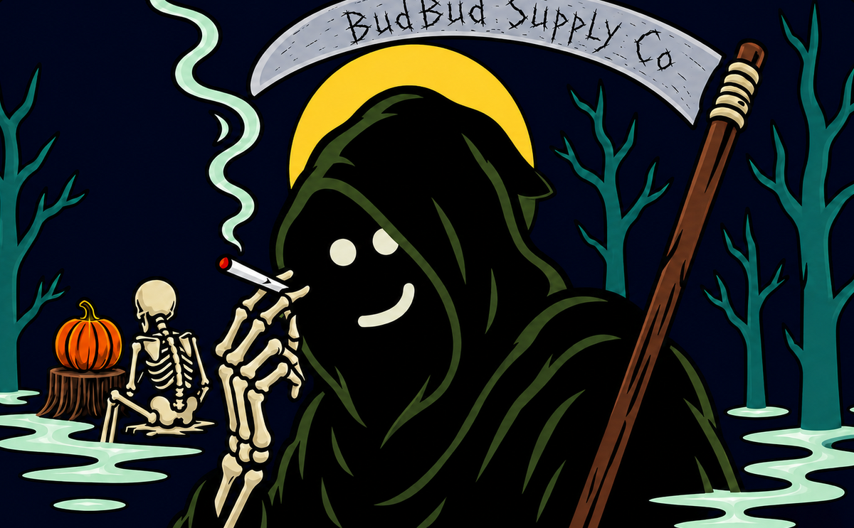 A Halloween-themed graphic illustration featuring a hooded grim reaper holding a scythe, with a small skeleton sitting by a pumpkin in a swamp. The top banner reads 'BudBud Supply Co'.